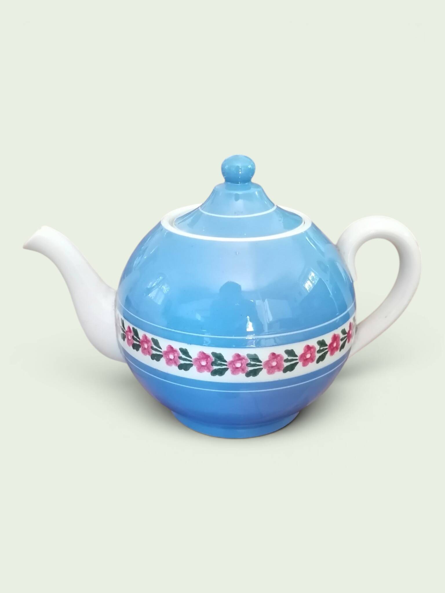 Service à thé en faience ancienne bleu et rose. Sarreguemine 1950