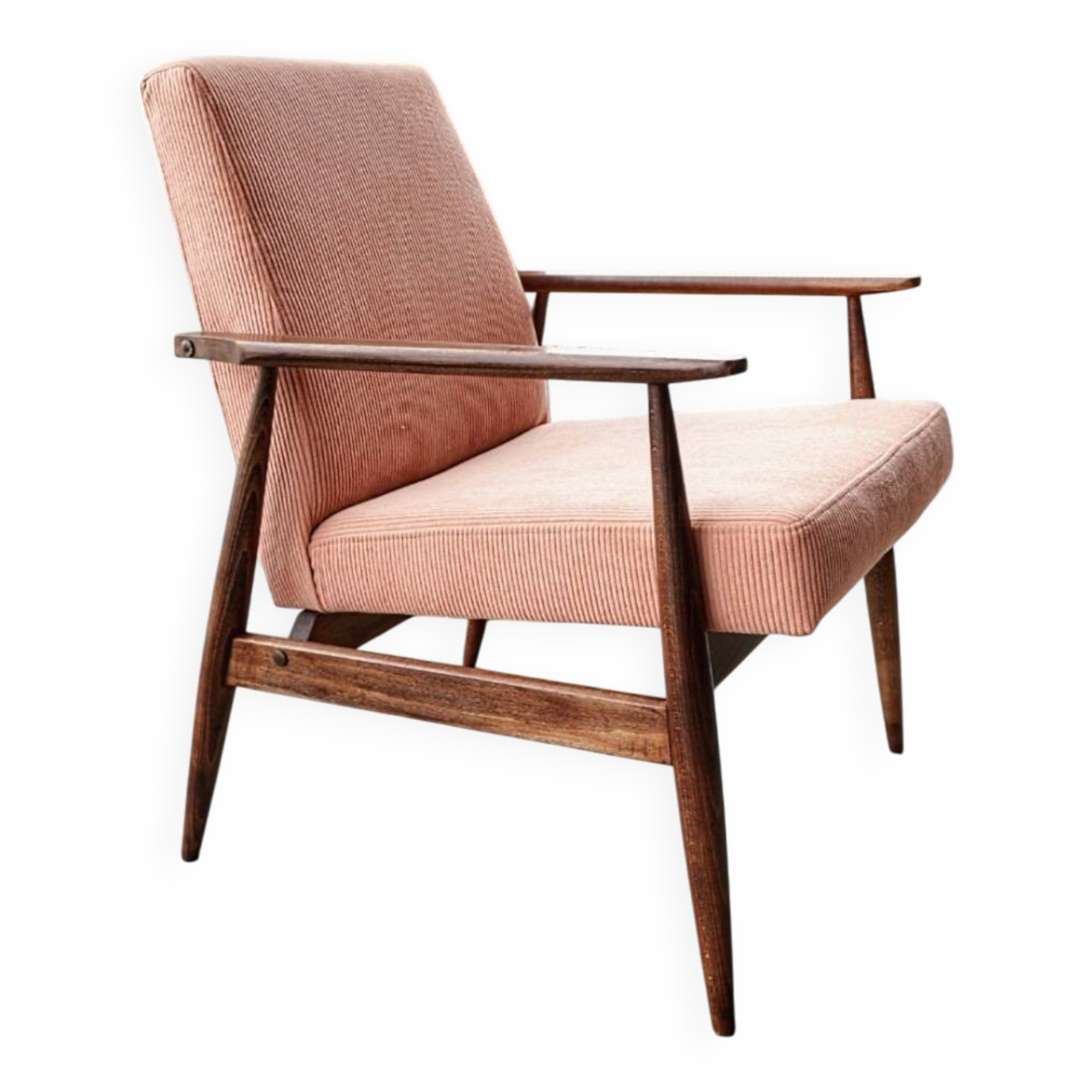 Vintage salmon red armchair, modern design by H.Lis