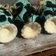 Trio of Vallauris vases in turquoise and black, highlighted with gold, 22 cm high