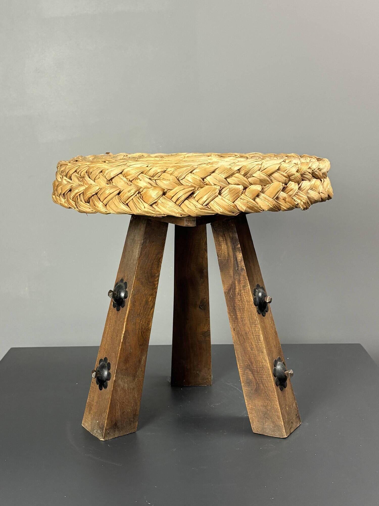 Midcentury braided rope tripod stool in the style of Audoux & Minet, 1950s