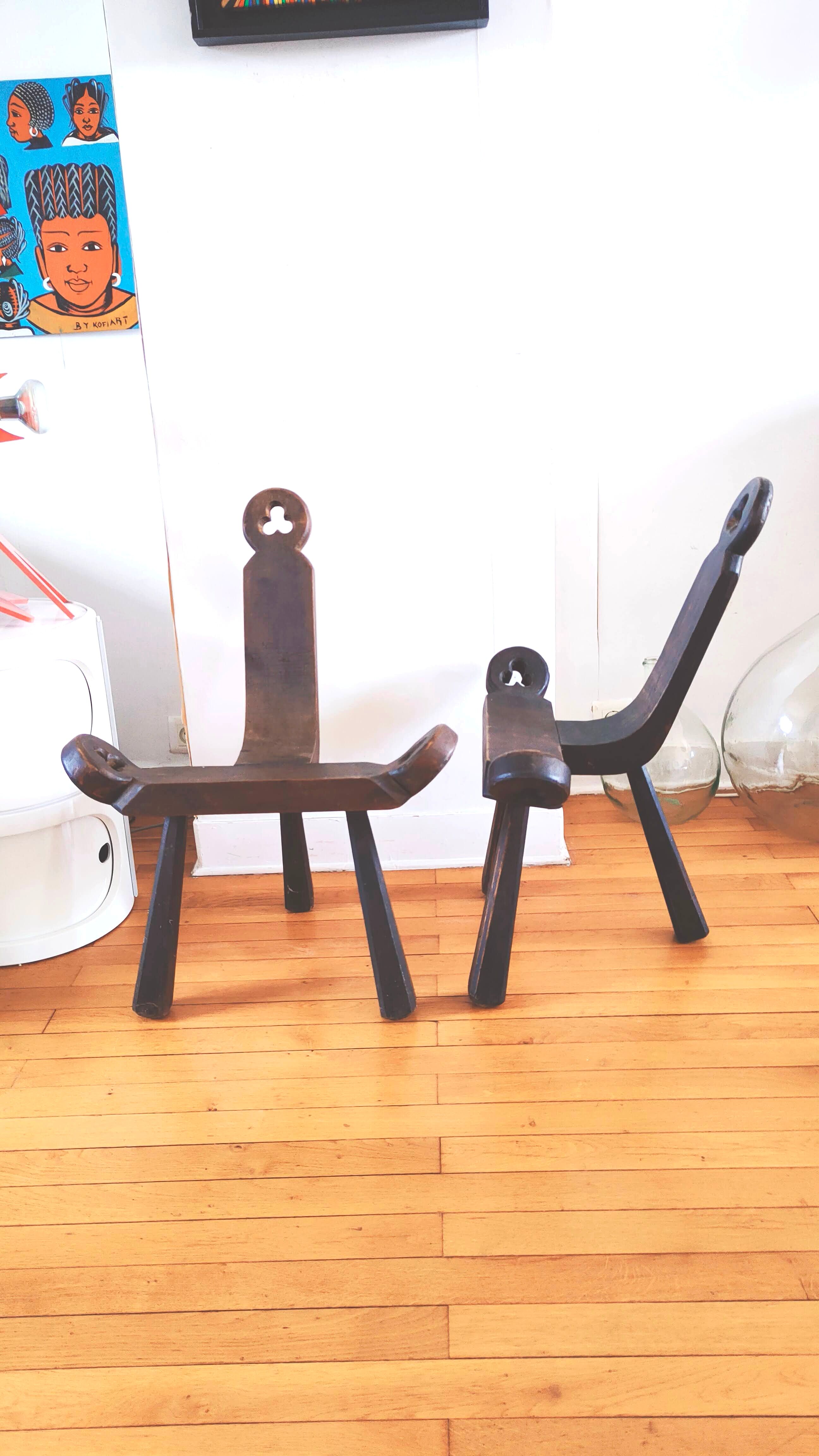 Pair of brutalist chairs tripod feet
