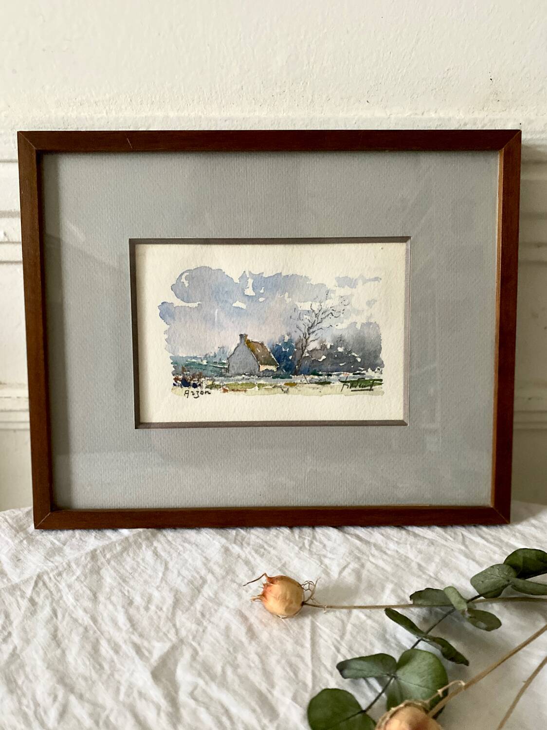 Small watercolor painting landscape Brittany Arzon signed