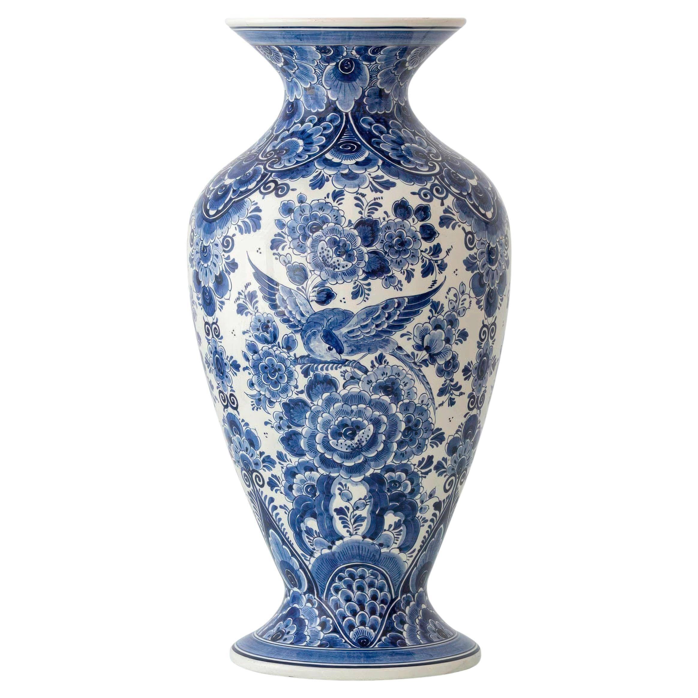 Monumental blue and white baluster vase from Delft, hand-painted, 1950s, Dutch.