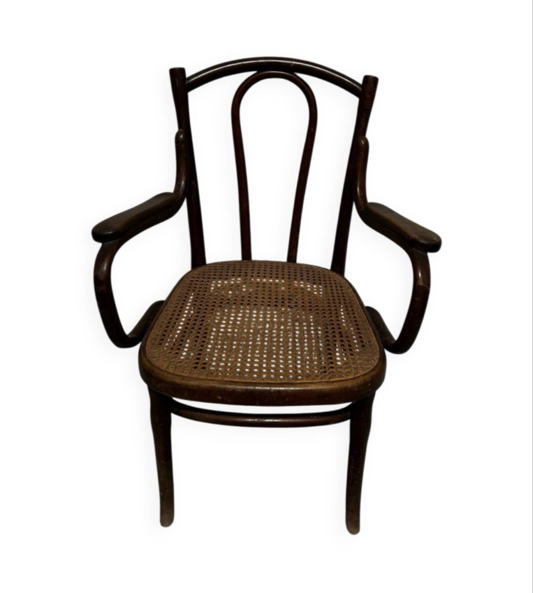 Thonet armchair stamped with curved wooden armrests and caning from the 19th century.