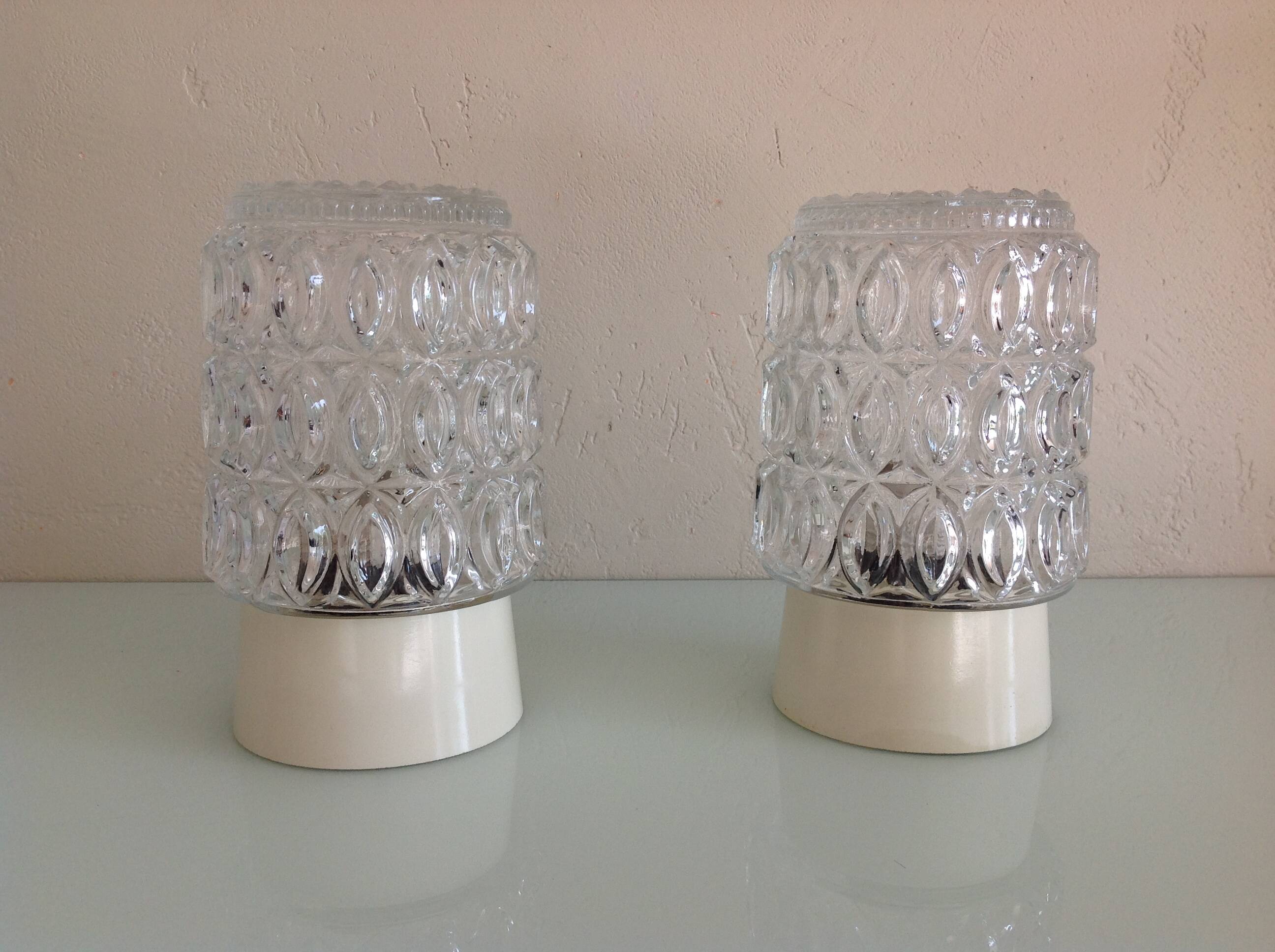 Pair of cylindrical structured glass ceiling lights / vintage 60s-70s
