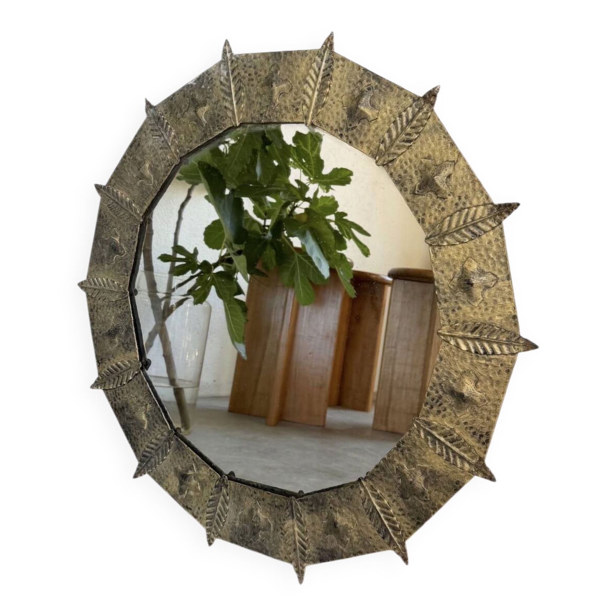 Brutalist round hammered gold metal mirror
