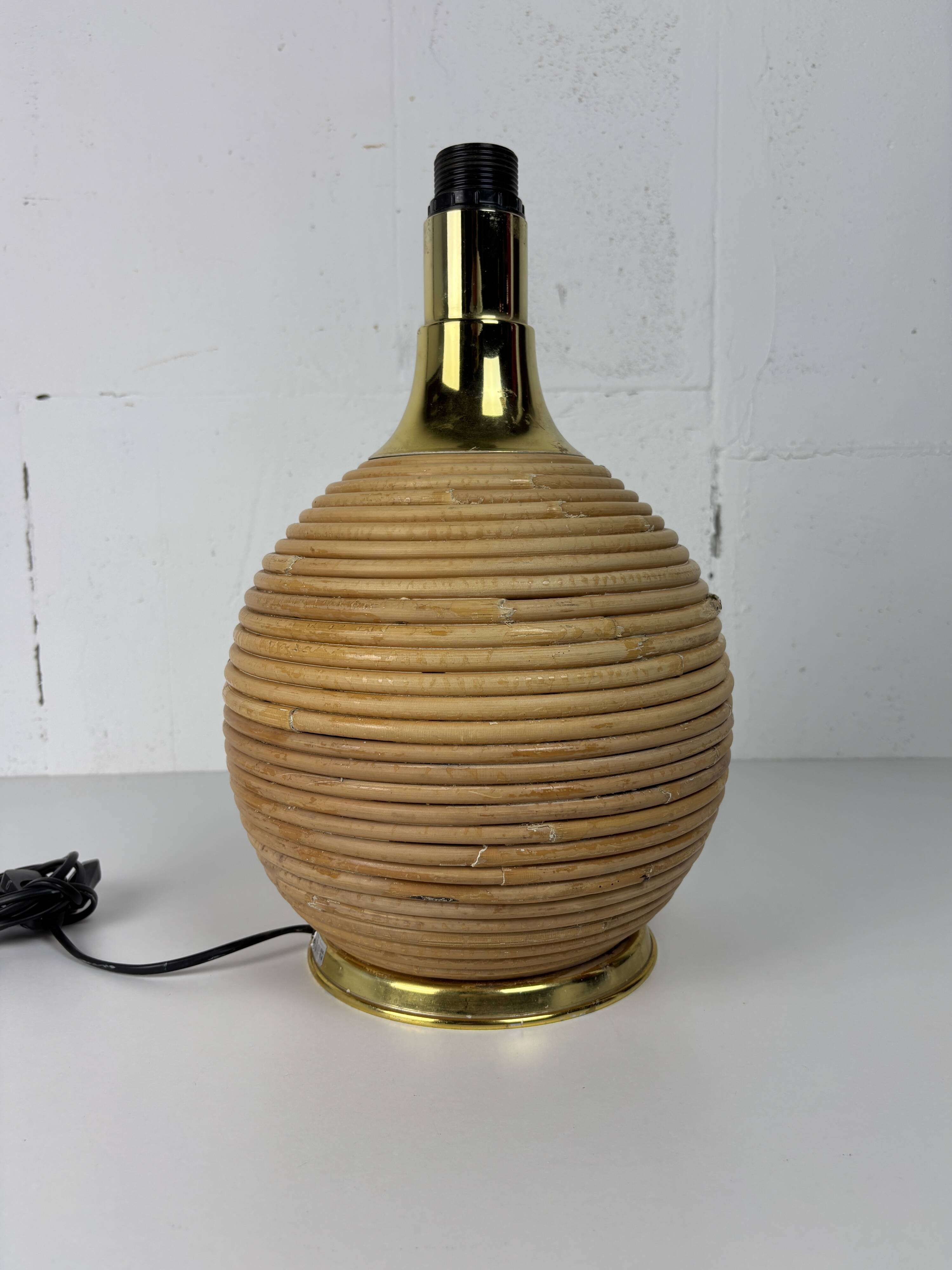 Large midcentury pencil reed rattan bamboo and brass table lamp Italy 1970s