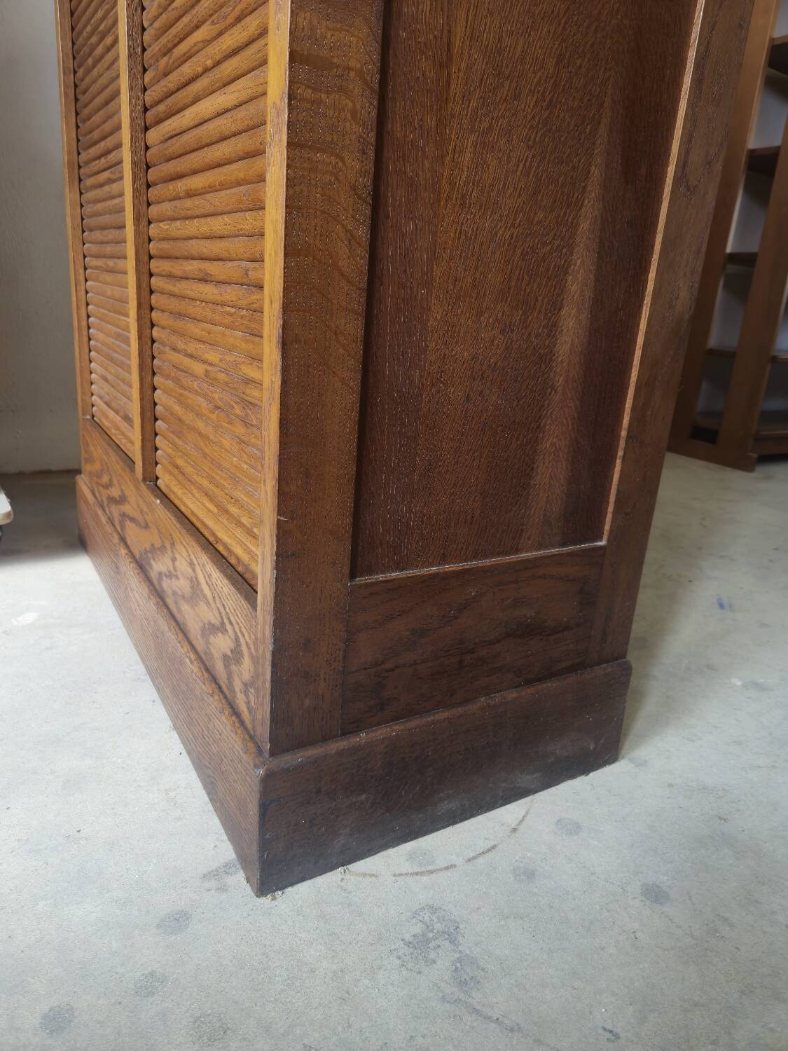 Antique 1950s double sliding door filing cabinet with curtains