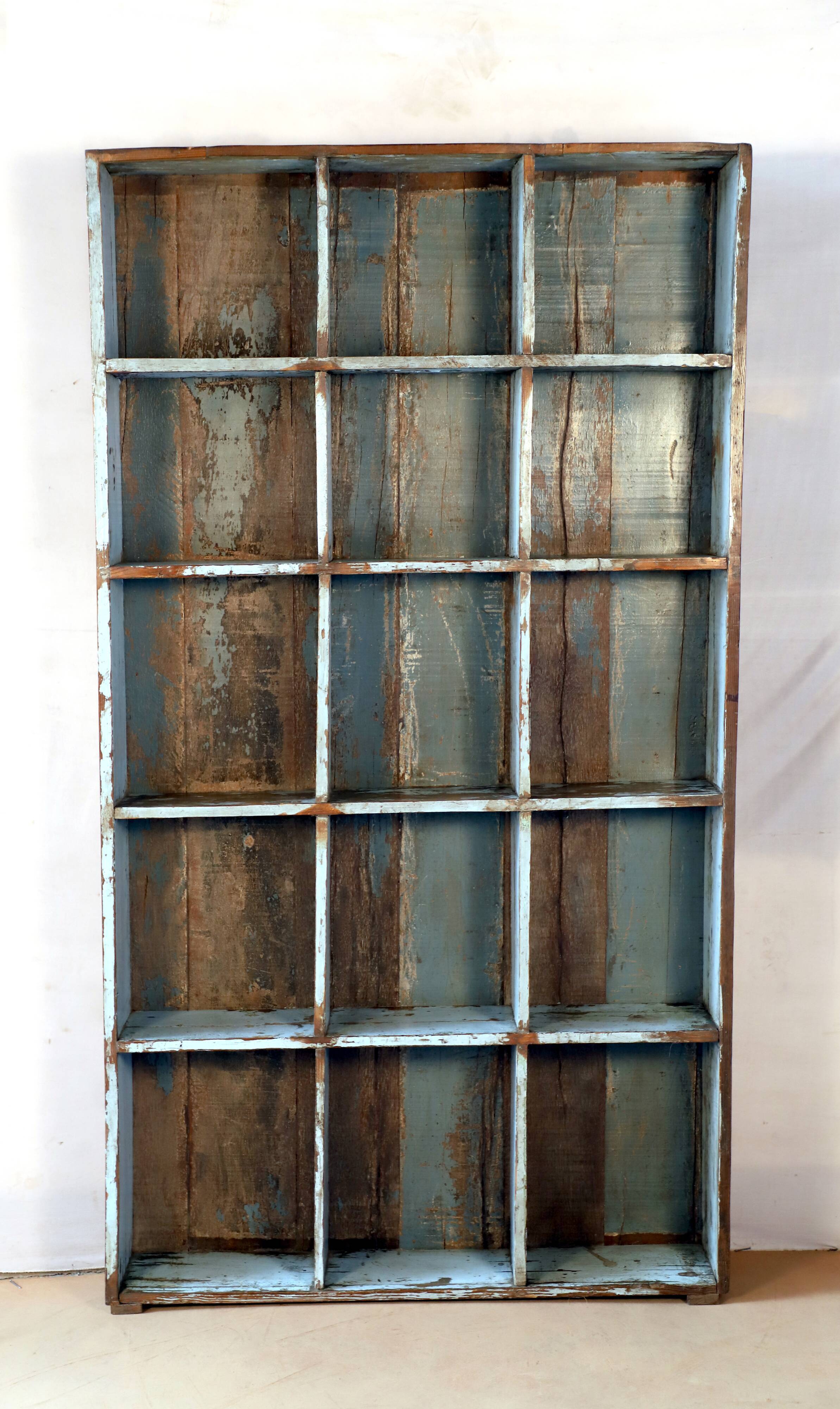 Bookcase - shelf 15 Burmese teak lockers with blue inner patina blue blue interior