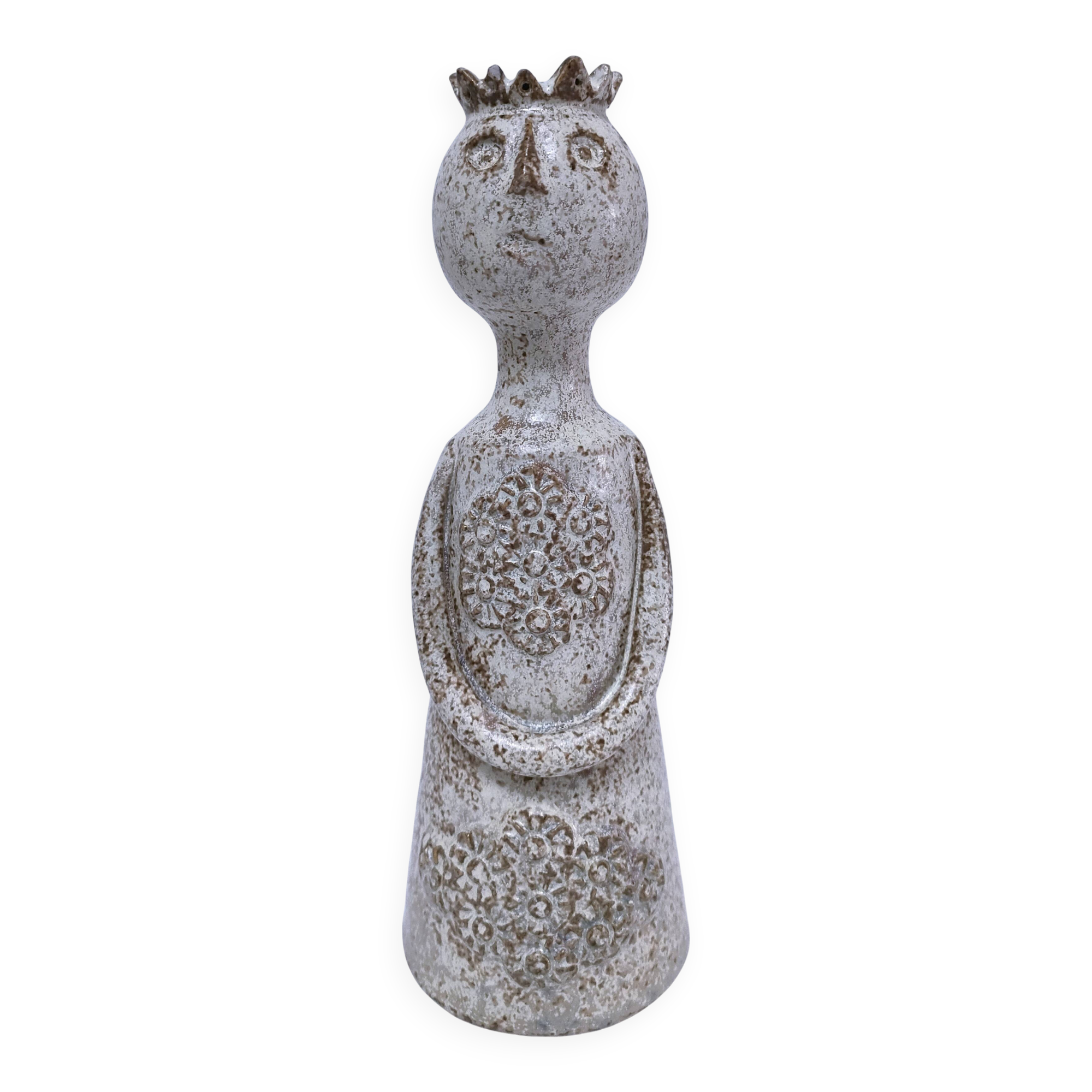 ceramic candle holder with crowned head signed P