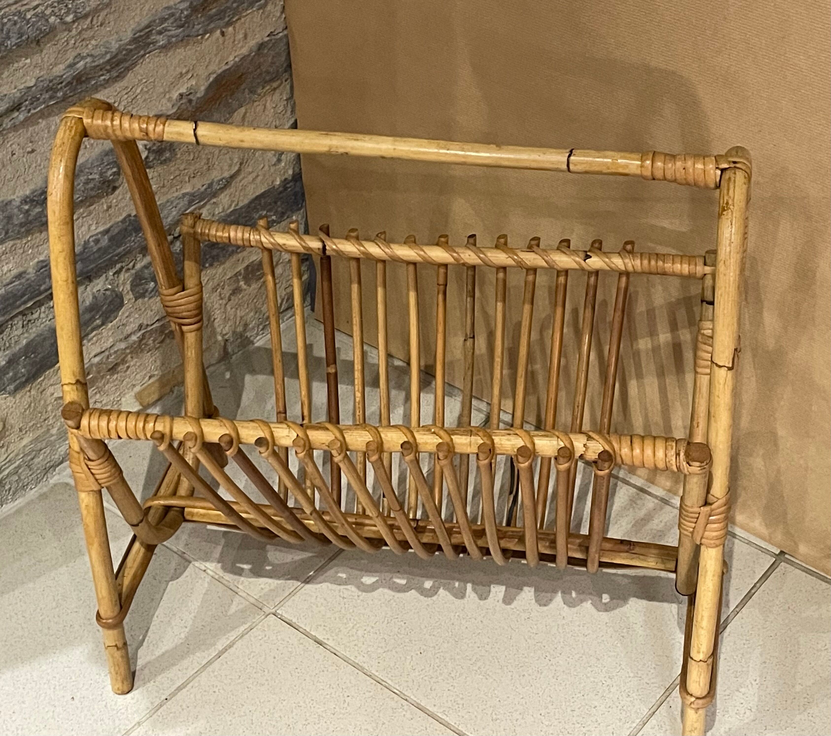 Vintage rattan magazine holder 1960 70