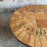 Roger Capron brown-ochre ceramic tile coffee table with wooden base, oval leaf-motif top