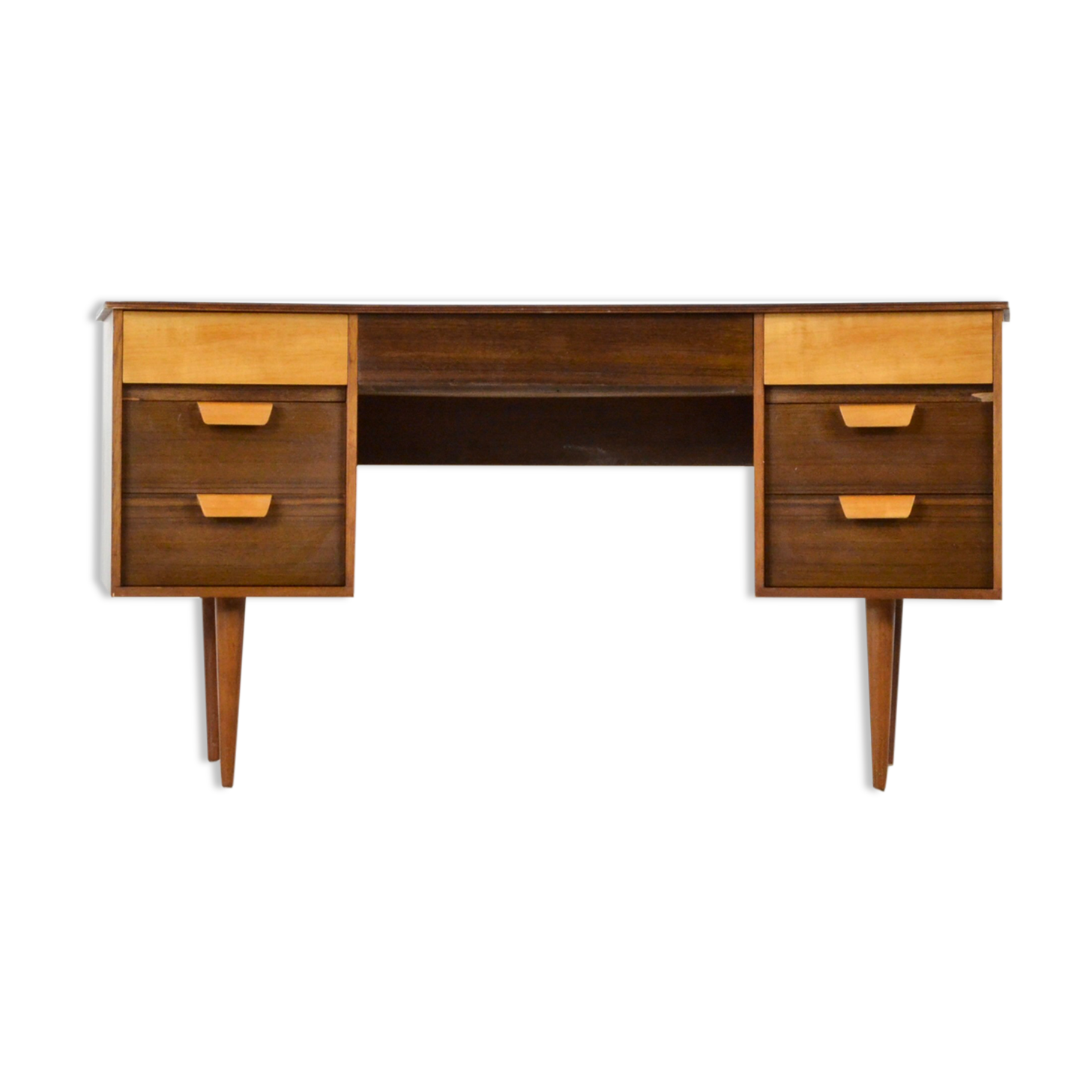 Midcentury Uniflex Walnut And Beech Concave Desk Designed By Gunther Hoffstead .