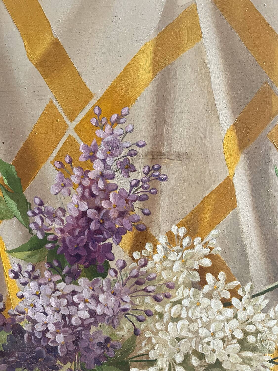 Old painting, oil on wood, lilac flowers on drapery by Sarret.