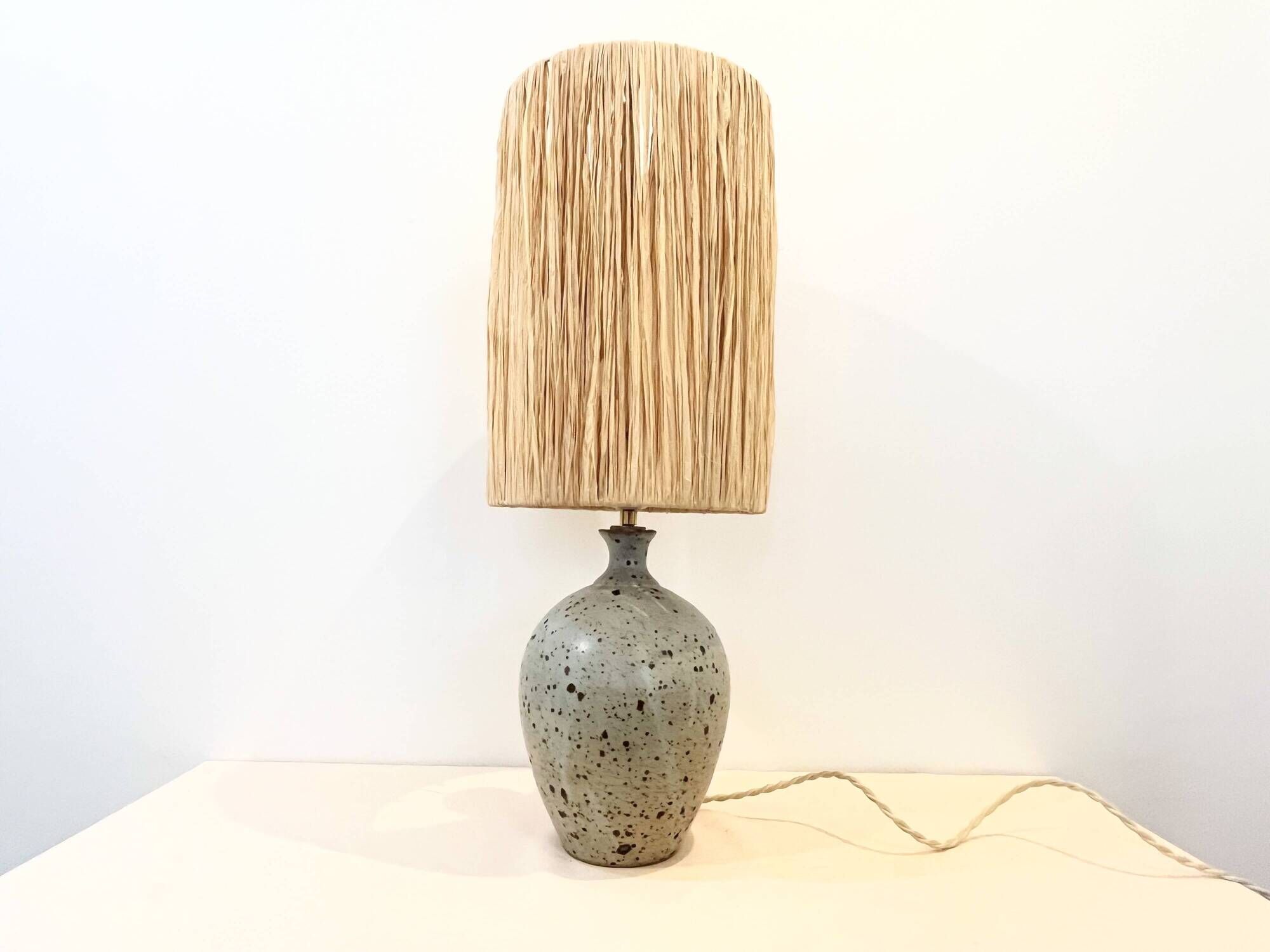 XXL Vintage Lamp Base in Beige Grey Stoneware with Raffia Lampshade 1970