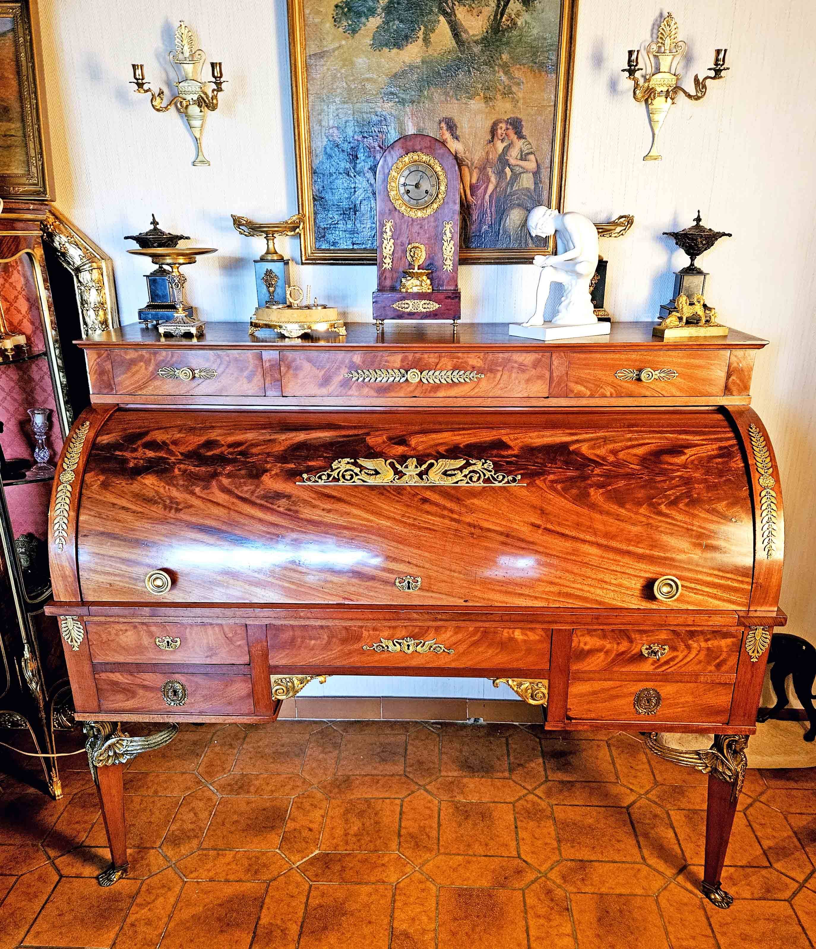 Bureau Cylindre Empire Retour d'Egypte Acajou Et Bronze Doré