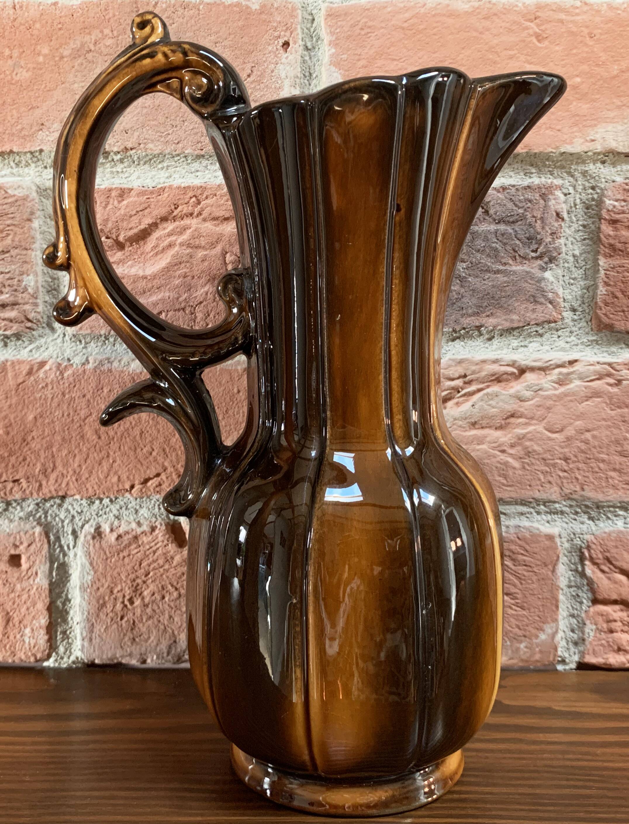 German Pitcher with Vertical Brown Stripes and Rococo Style Handle, Vintage Ceramic Made from Red Cl