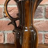 German Pitcher with Vertical Brown Stripes and Rococo Style Handle, Vintage Ceramic Made from Red Cl