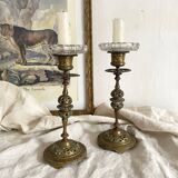 Pair of openwork brass candlesticks and glass bobeches
