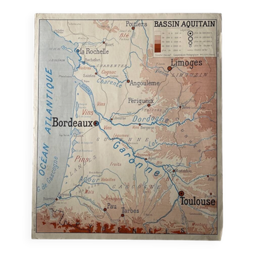 Vintage school map 1950 "Aquitain Basin / Mediterranean Midi"