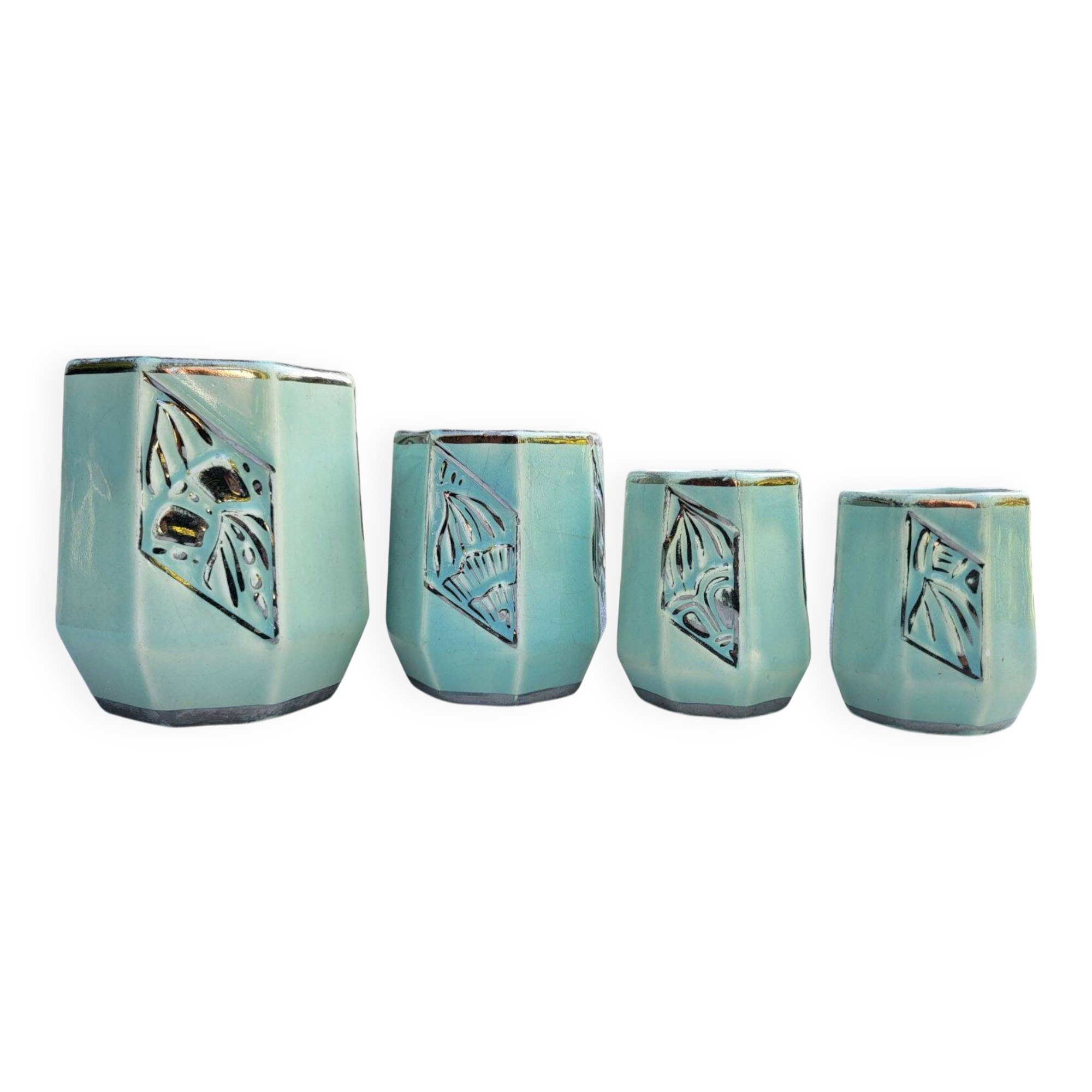 Set of 4 Art Deco celadon green and silver barbotine pots.