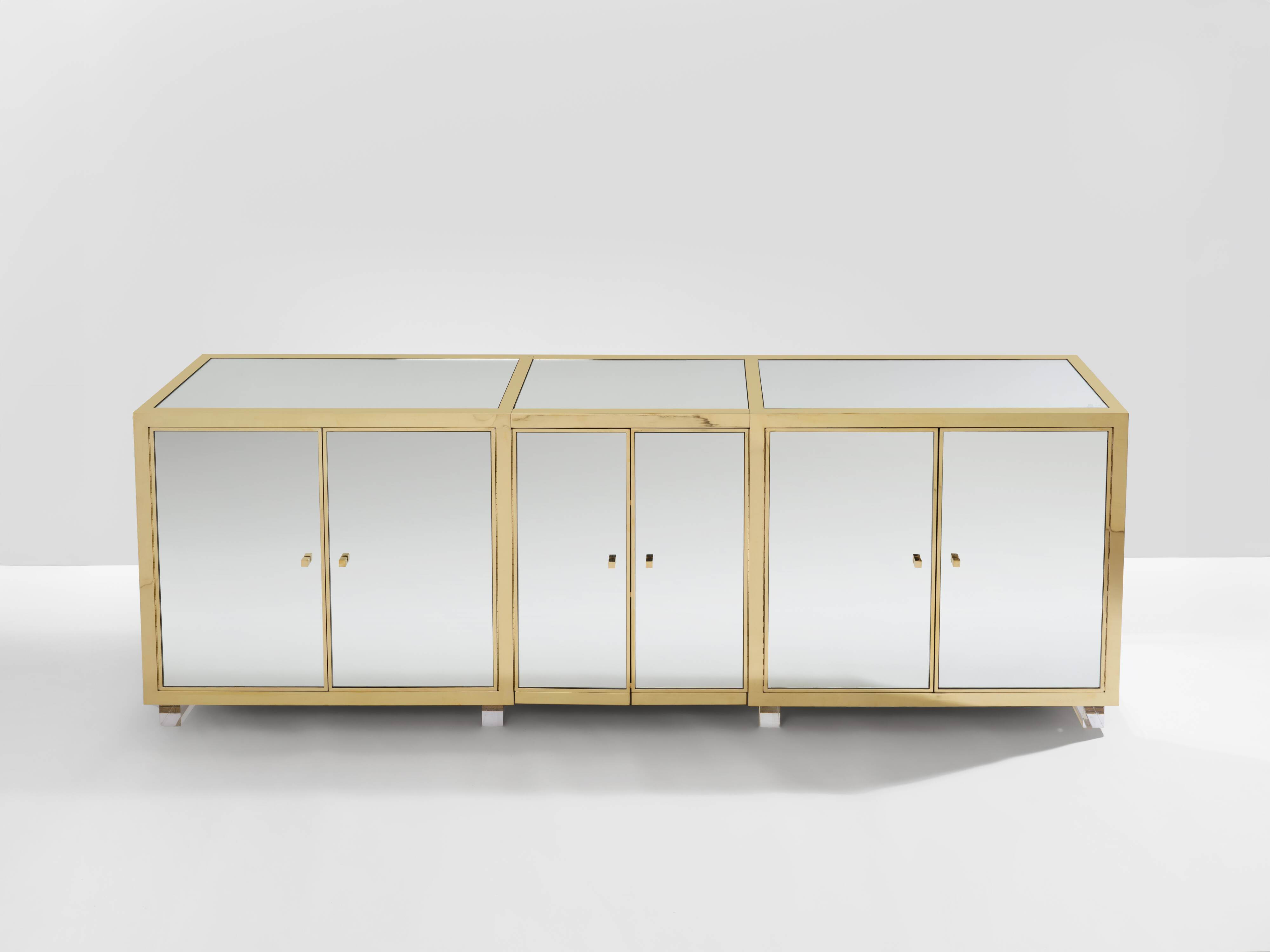 Brass sideboard with mirror and plexiglass legs by Michel Pigneres, 1970