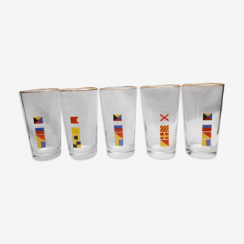 Lot 5 verres orangeade décor drapeaux pavoisés vintage 1970 mobil