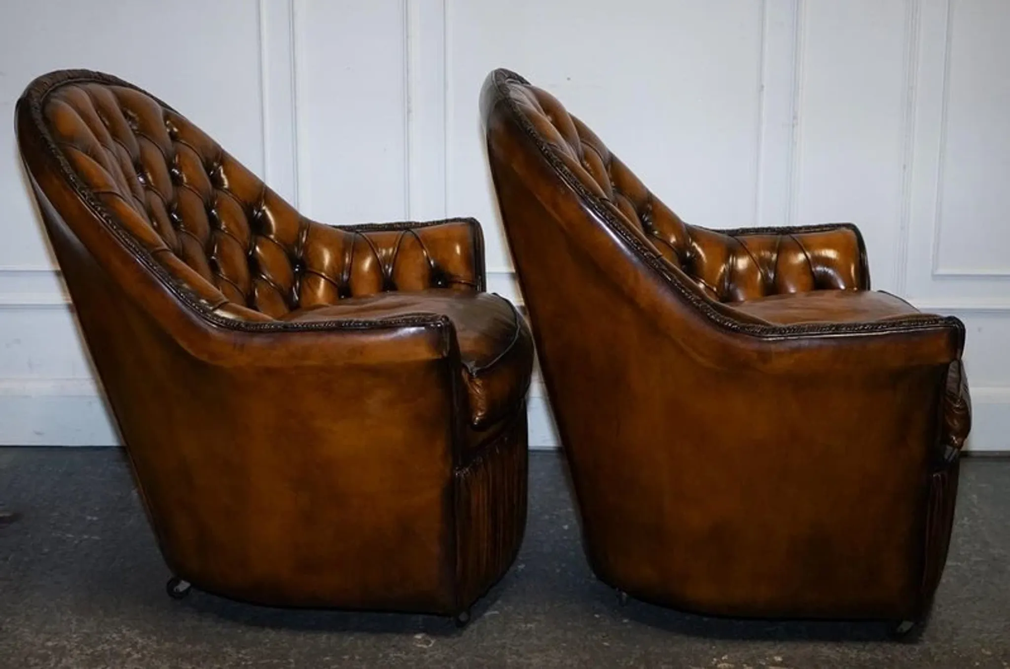 Brown Hand-Dyed Leather Chesterfield Armchairs with Pleated Front, Set of 2