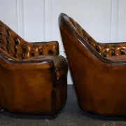 Brown Hand-Dyed Leather Chesterfield Armchairs with Pleated Front, Set of 2
