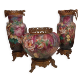 Set of painted earthenware vases mounted on bronze