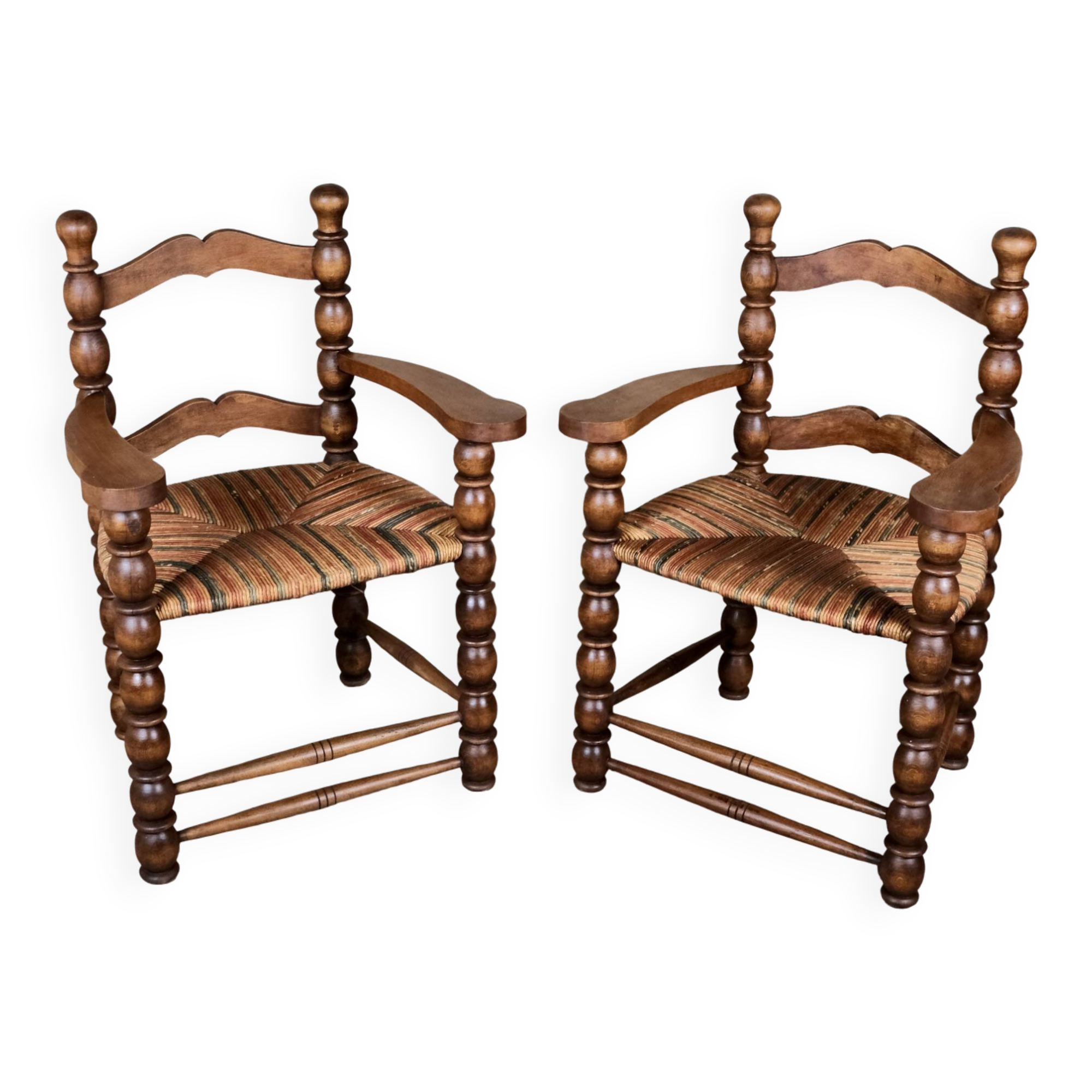 Pair of turned wooden spool armchairs, mid-20th century, France