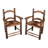 Pair of turned wooden spool armchairs, mid-20th century, France