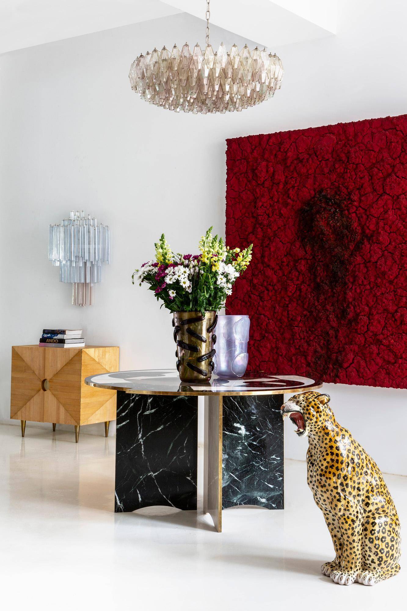 Contemporary Rare Round Italian Table Made of Marble Marquetry Marble and Brass