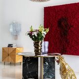 Contemporary Rare Round Italian Table Made of Marble Marquetry Marble and Brass