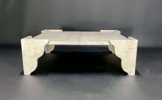 Large square coffee table in travertine by Claude Berraldacci. 1990s. France.