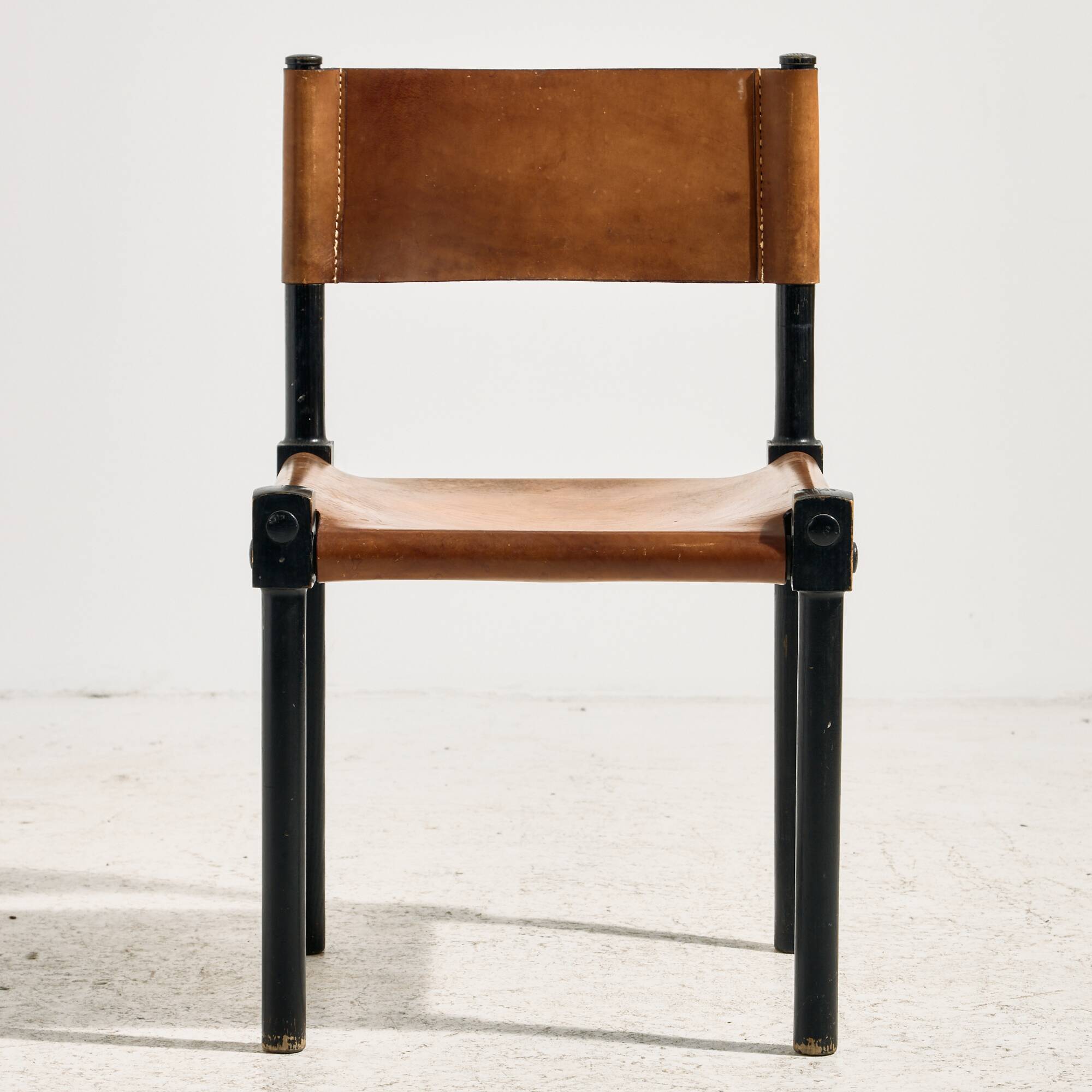 Brutalist beech and leather chair, set of 4