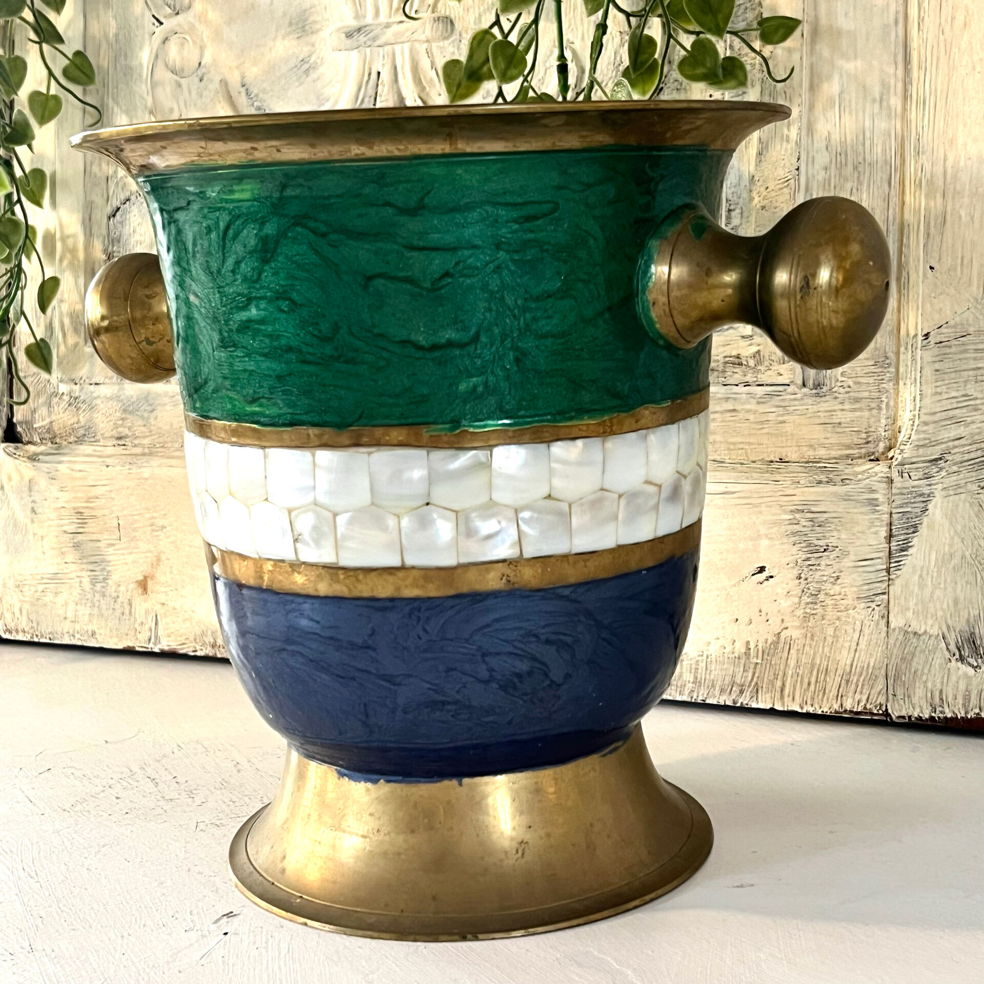 French Cloisonne cooler, Vintage Shell Inlay Barware Enamel Ice Bucket