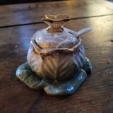 Antique mustard pot porcelain - Cabbage and butterfly - Barbotine 19th century