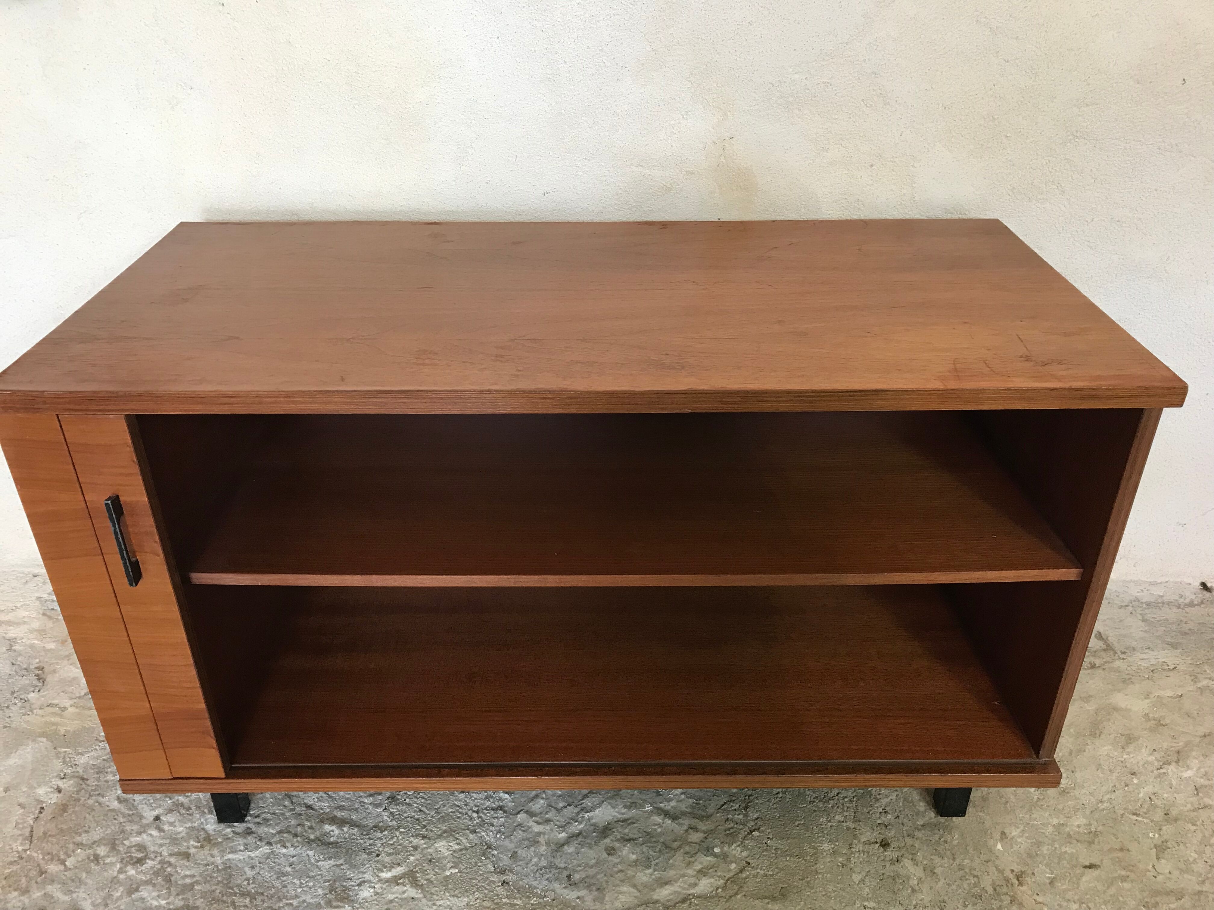 Vintage storage cabinet box on feet with sliding curtain