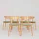 Set of 6 modern dining chairs, sage fabric and natural beech wood.