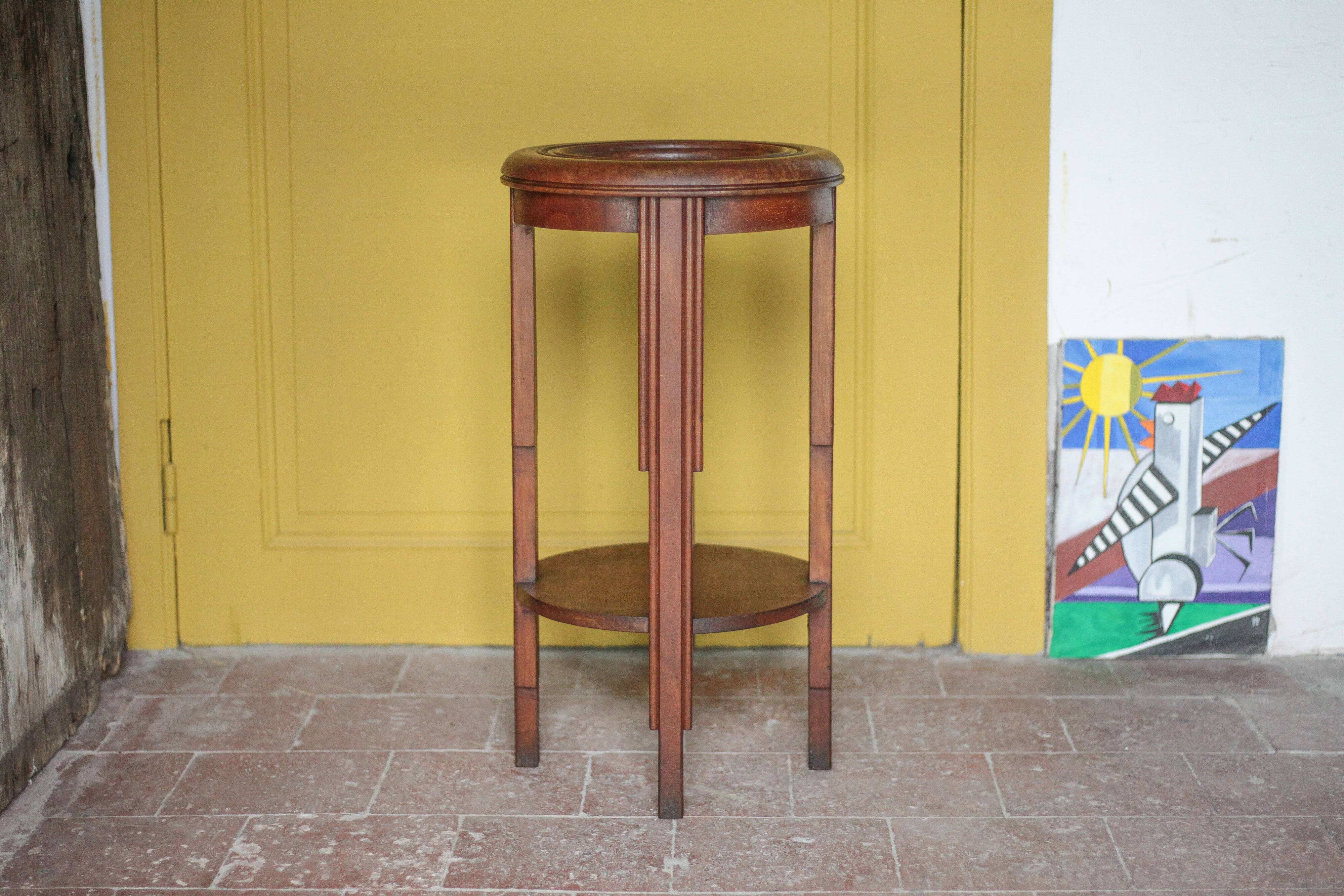 Vintage wooden side table, wooden and marble pedestal table, wooden pedestal, plant stand.