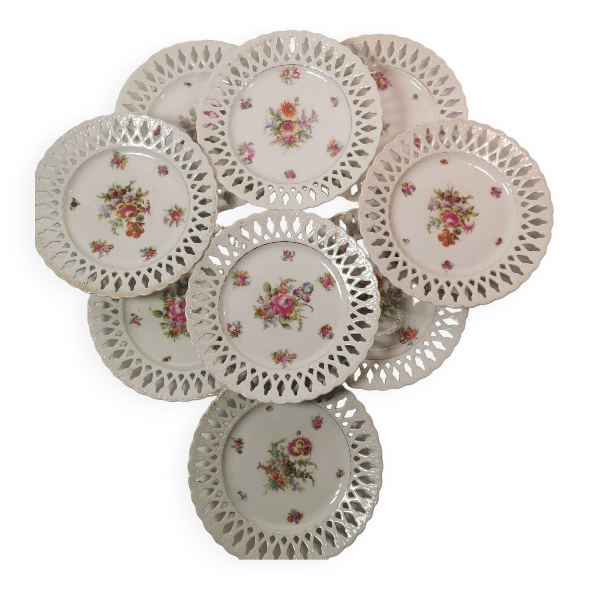 Set of 9 OPENWORK porcelain DESSERT PLATES hand painted in the style of SAXE