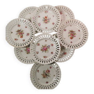 Set of 9 OPENWORK porcelain DESSERT PLATES hand painted in the style of SAXE