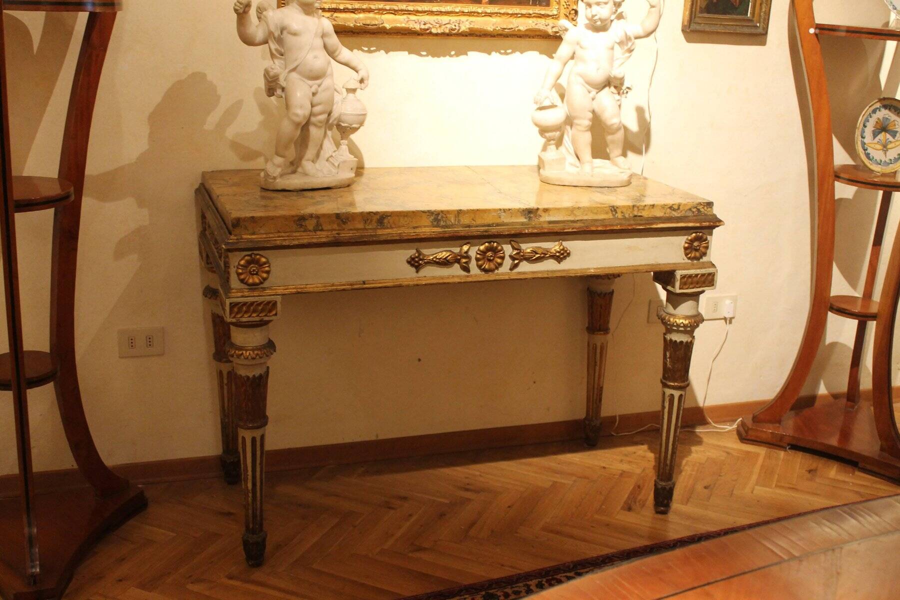 Italian Louis XVI White Lacquer and Giltwood Console with Scagliola Siena Marble Top
