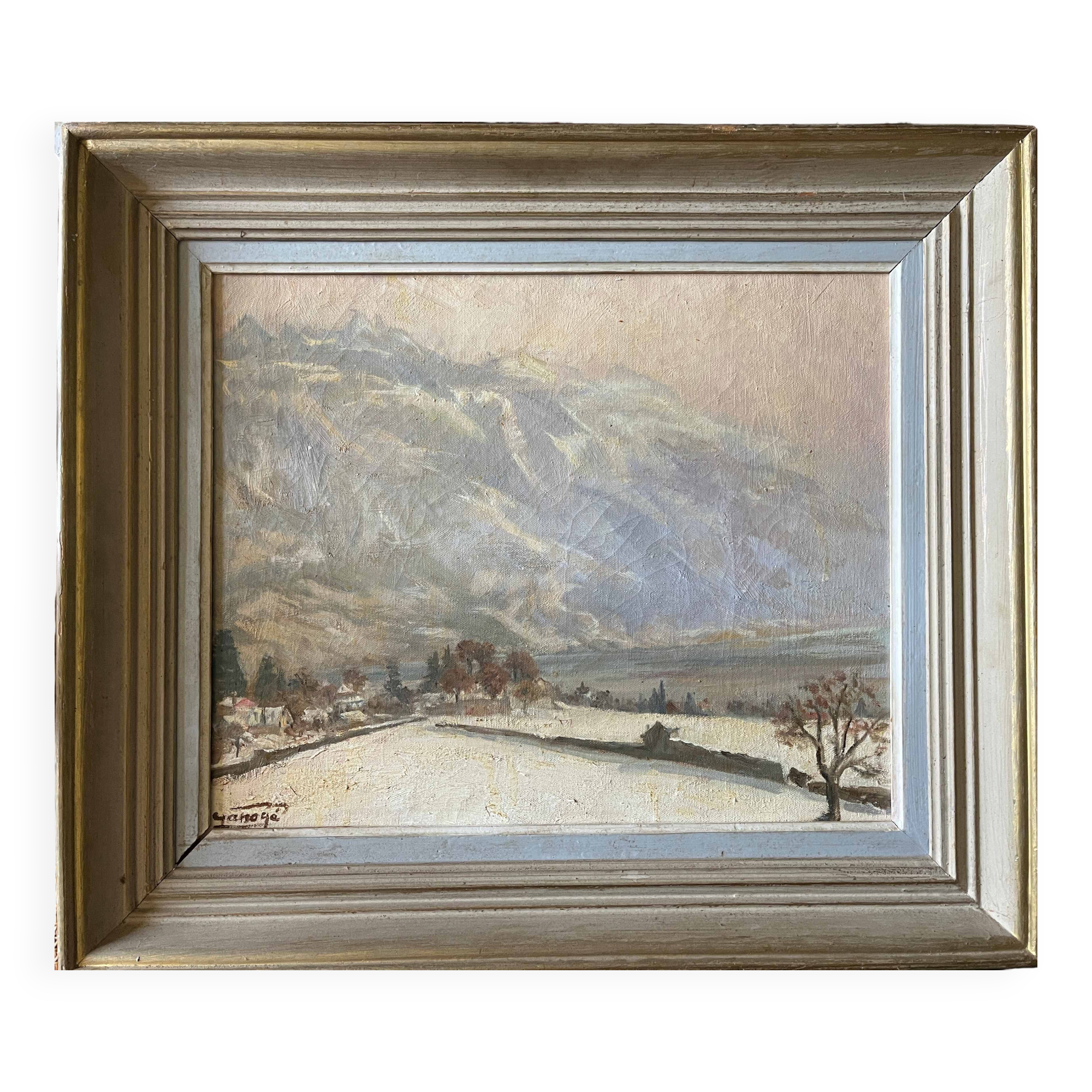 Tableau HST "View of the lake under the snow from Montreux" Jeanne JANOGE 1890-?