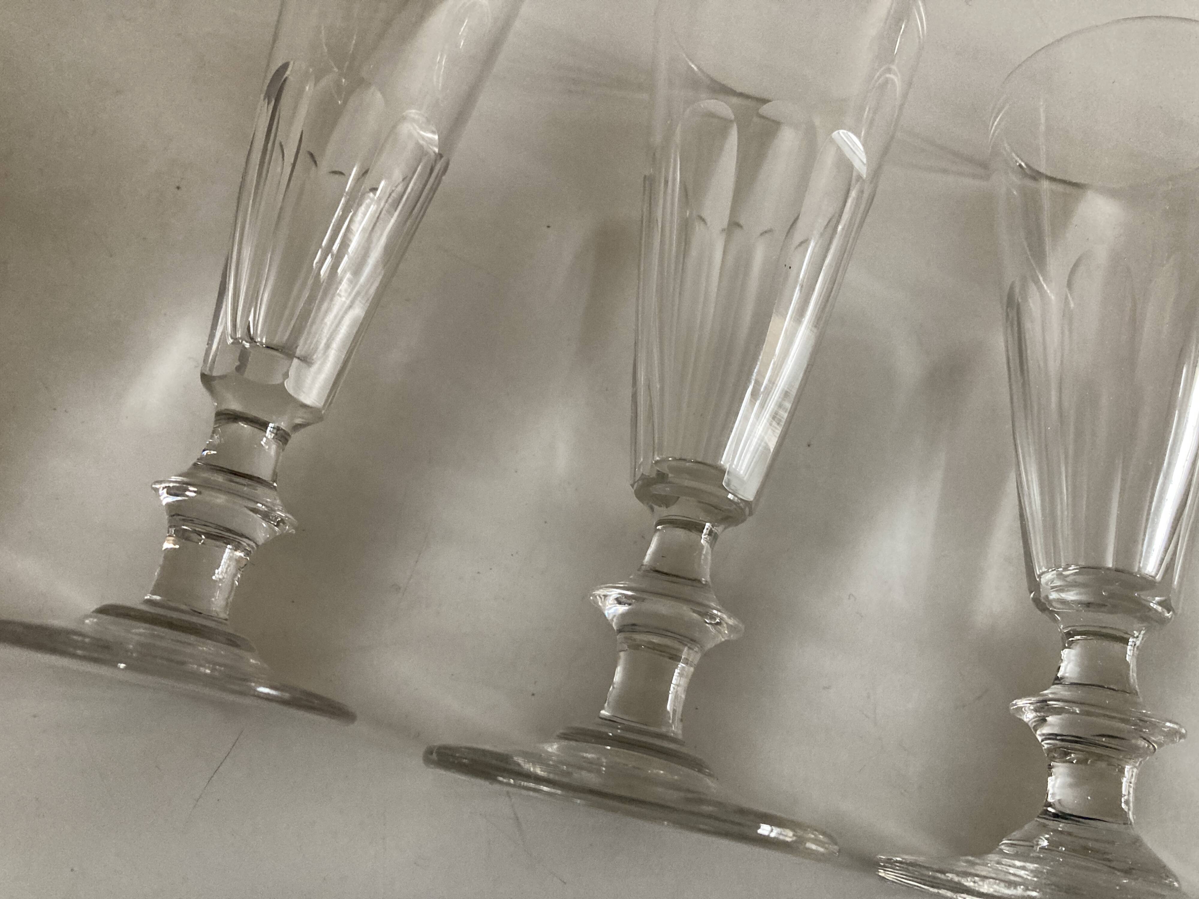 Set of 5 19th glass champagne flutes with flat slices cut