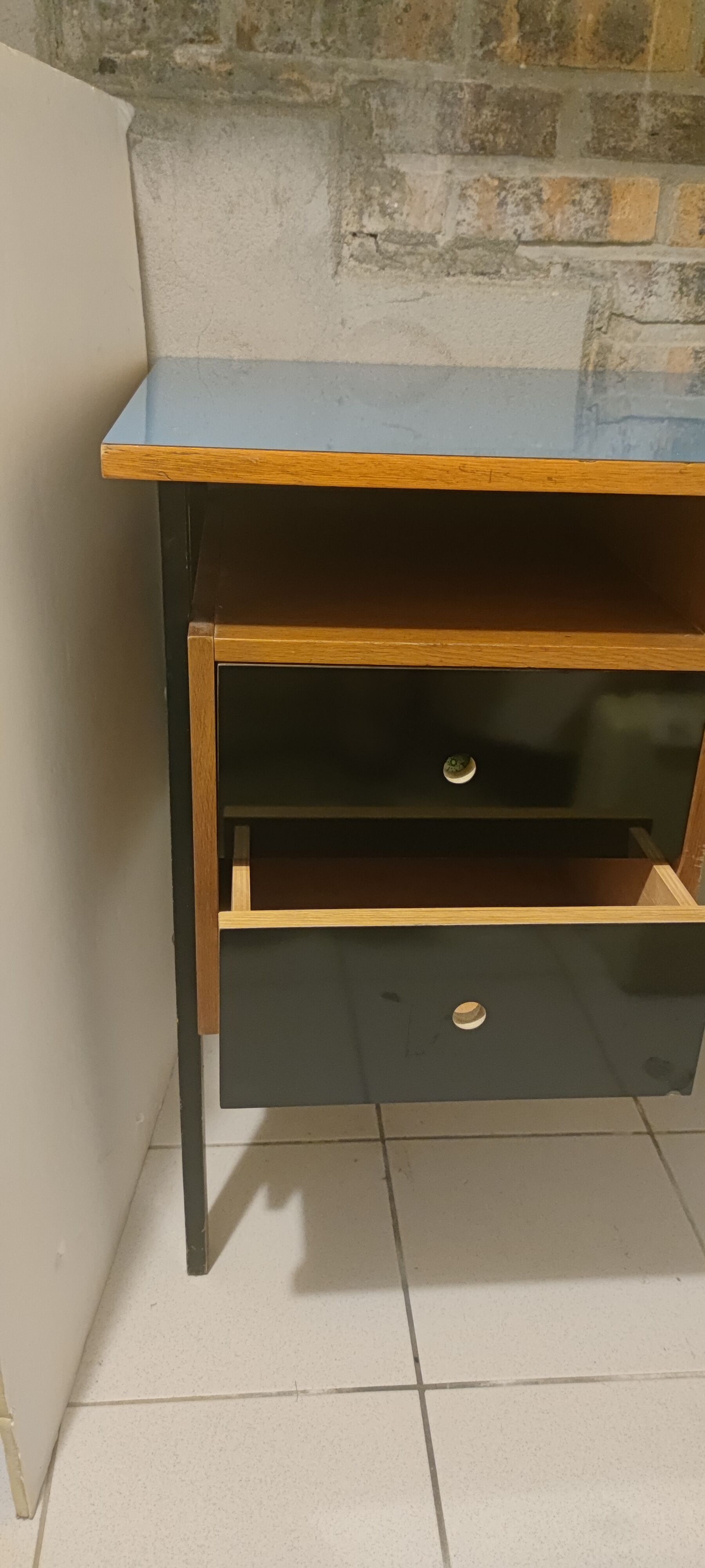 Vintage desk wood 1950s, blue top