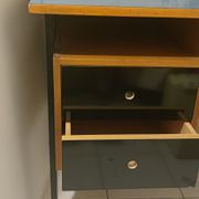 Bureau vintage bois années 1950, plateau bleu