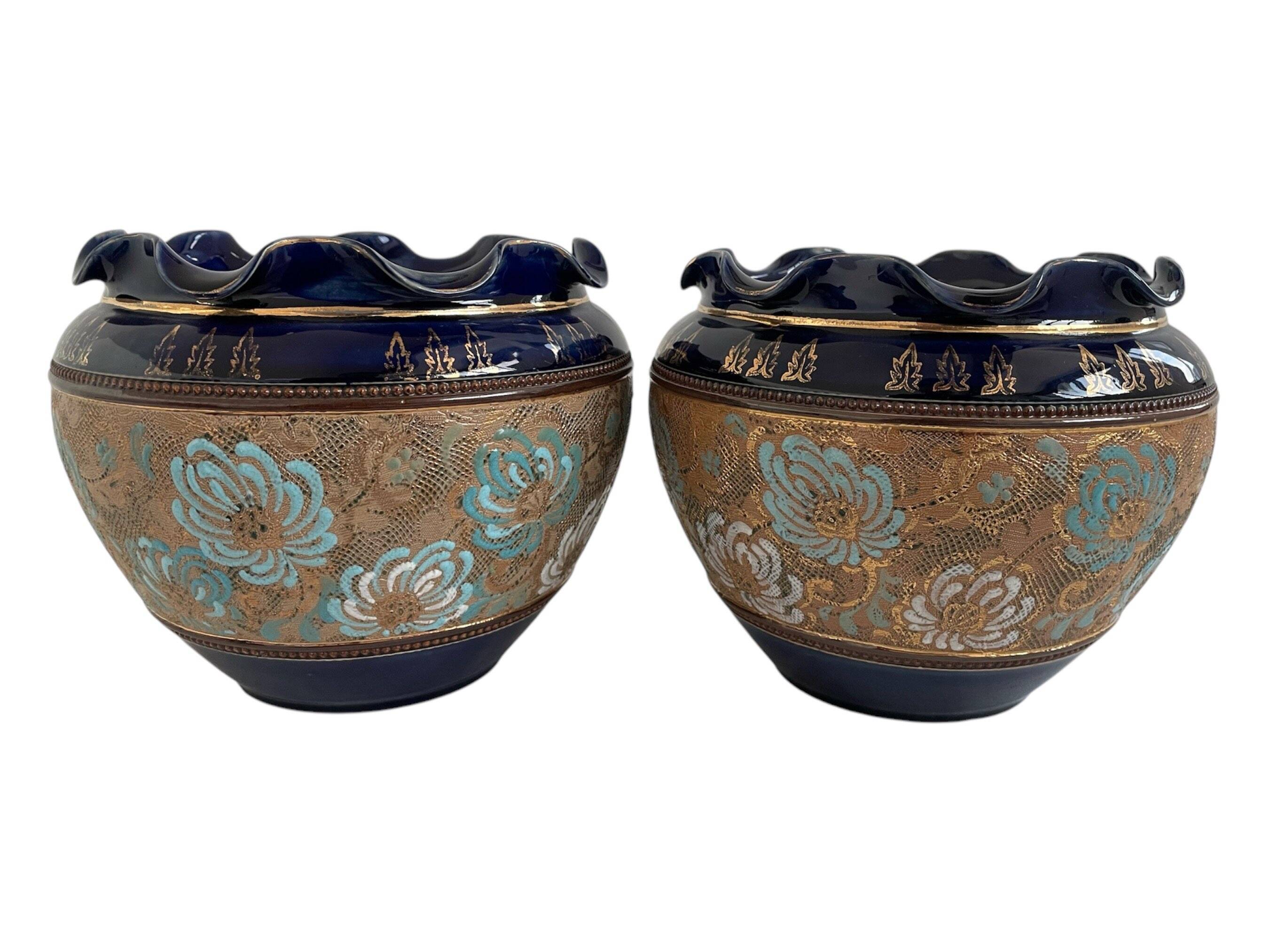 Pair, cache pots, royal doulton, english earthenware, 1920-1930, floral decoration, blue and gold, marks in