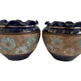 Pair, cache pots, royal doulton, english earthenware, 1920-1930, floral decoration, blue and gold, marks in